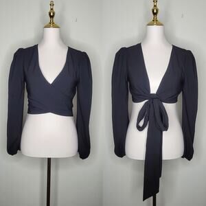 Better Be Sz S Black Chiffon Romantic Convertible Puff Sleeve Crop Top Club Bday